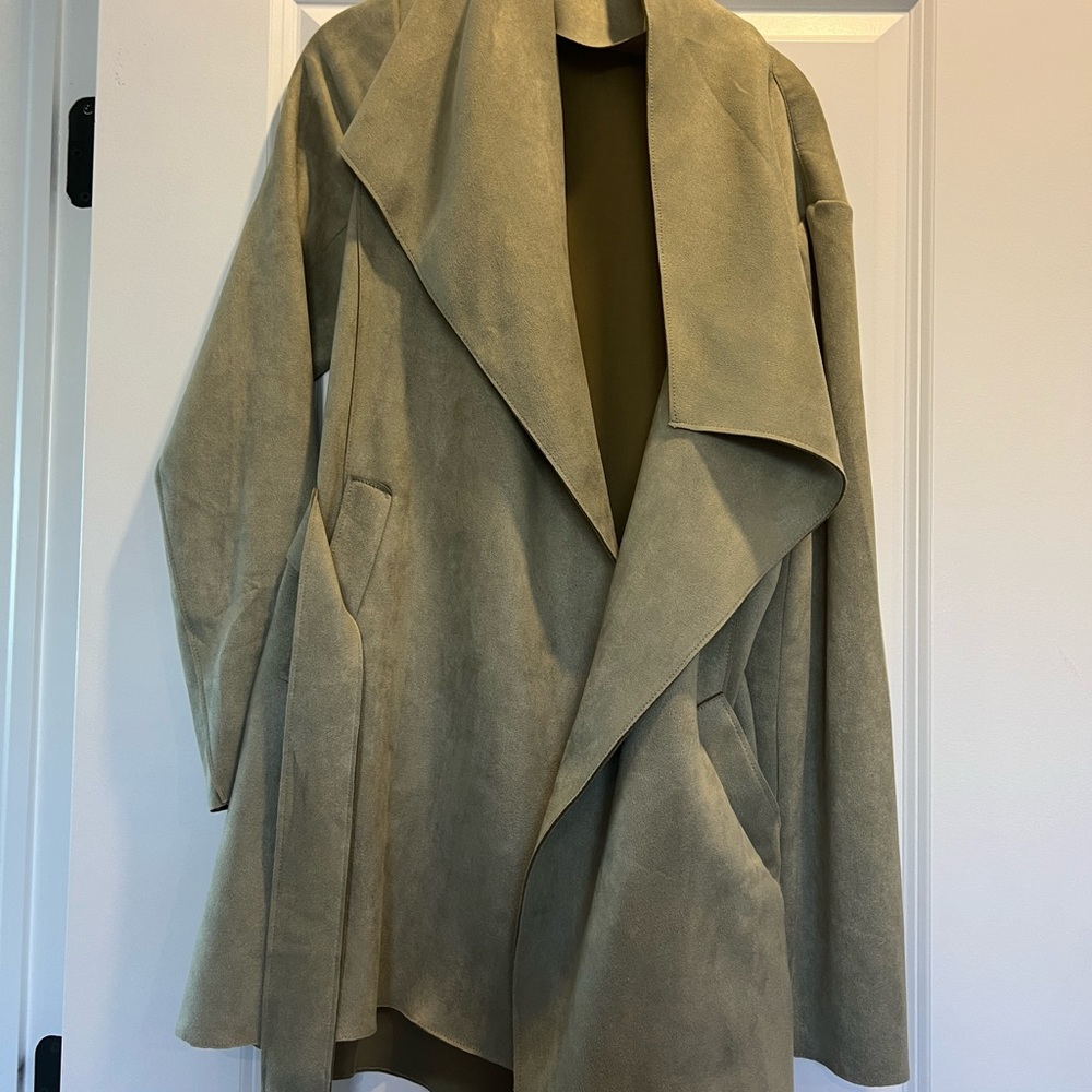 Haute Monde Sage Green Faux Suede Wrap Belt Trench, Size Medium
